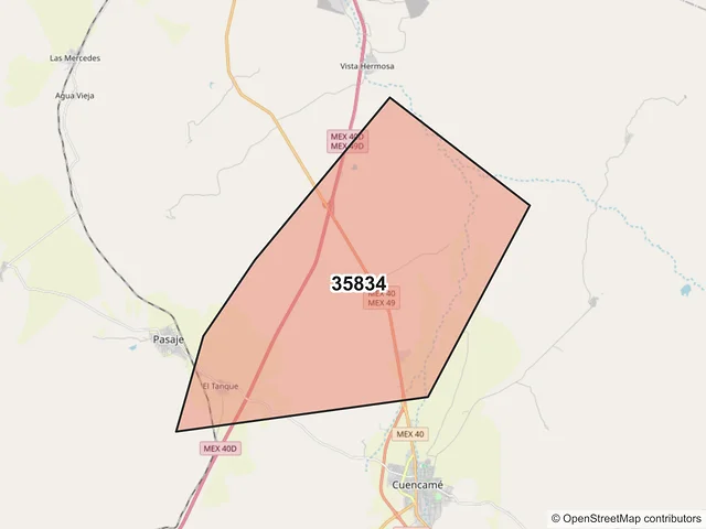 Mapa del código postal 35834, Cuencamé, Durango