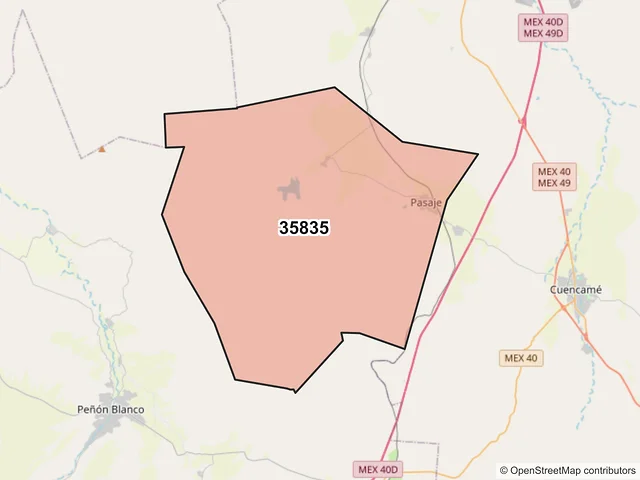 Mapa del código postal 35835, Cuencamé, Durango