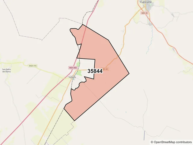 Mapa del código postal 35844, Cuencamé, Durango