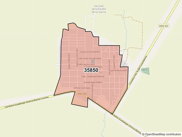Mapa del código postal 35850, Cuencamé, Durango