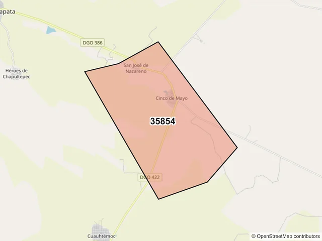 Mapa del código postal 35854, Cuencamé, Durango