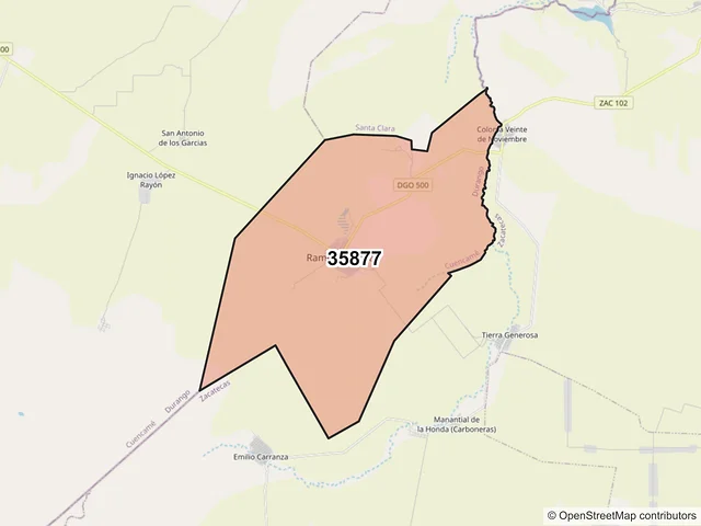 Mapa del código postal 35877, Cuencamé, Durango