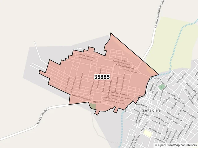 Mapa del código postal 35885, Santa Clara, Durango