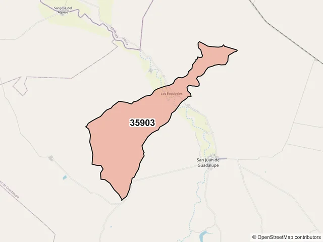Mapa del código postal 35903, San Juan de Guadalupe, Durango