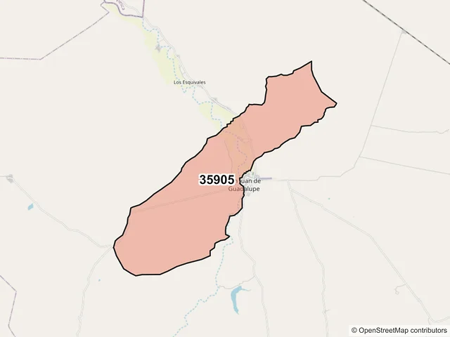 Mapa del código postal 35905, San Juan de Guadalupe, Durango