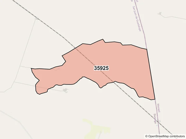 Mapa del código postal 35925, San Juan de Guadalupe, Durango