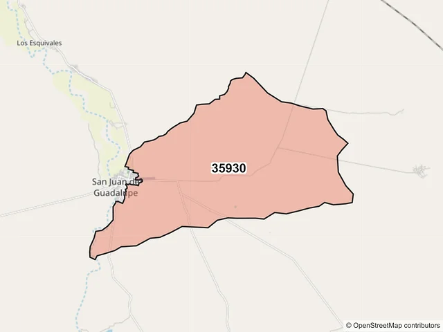 Mapa del código postal 35930, San Juan de Guadalupe, Durango