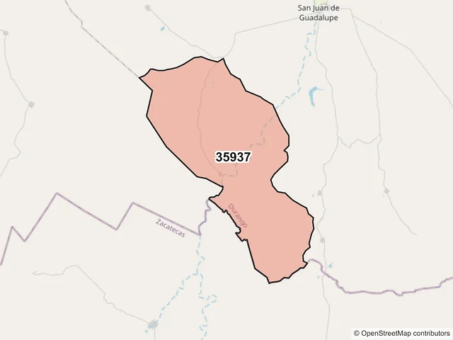 Mapa del código postal 35937, San Juan de Guadalupe, Durango
