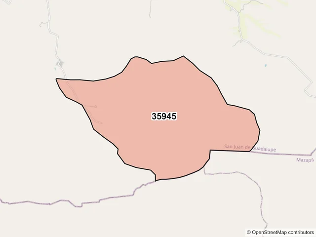 Mapa del código postal 35945, San Juan de Guadalupe, Durango