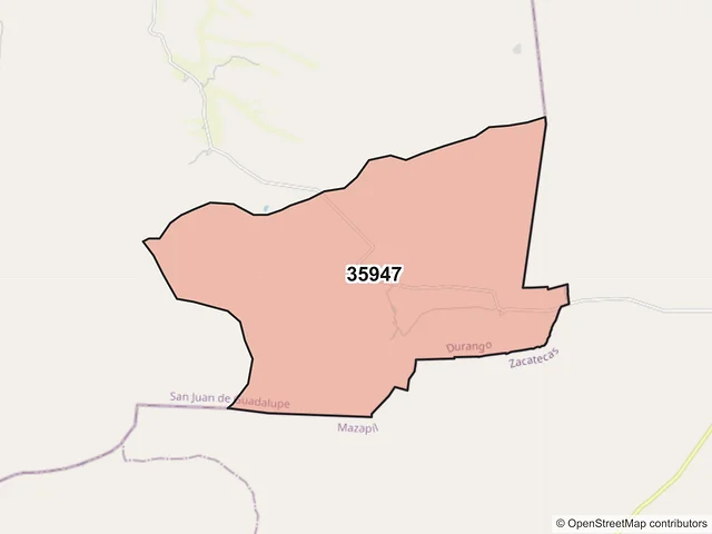 Mapa del código postal 35947, San Juan de Guadalupe, Durango