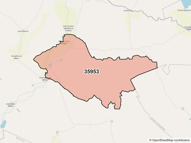 Mapa del código postal 35953, General Simón Bolívar, Durango