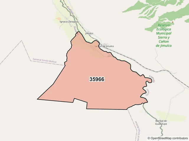 Mapa del código postal 35966, General Simón Bolívar, Durango