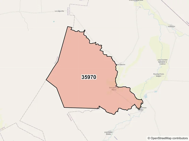 Mapa del código postal 35970, General Simón Bolívar, Durango