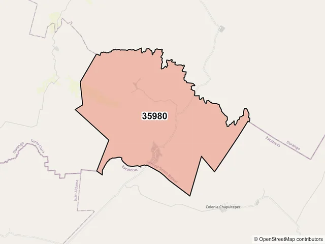 Mapa del código postal 35980, General Simón Bolívar, Durango
