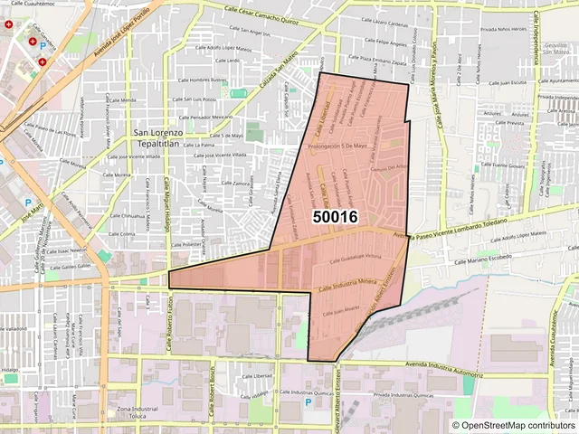 Mapa del código postal 50016, Toluca, México
