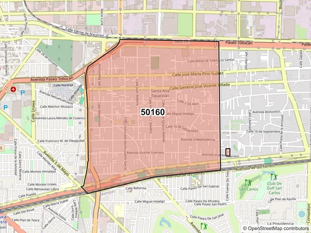 Mapa del código postal 50160, Toluca, México