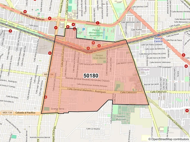 Mapa del código postal 50180, Toluca, México