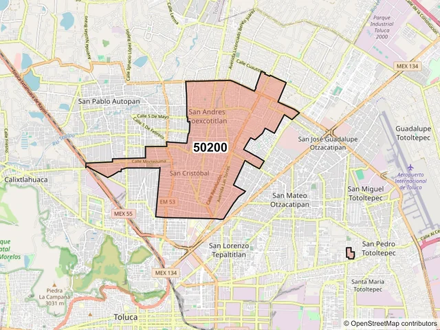 Mapa del código postal 50200, Toluca, México
