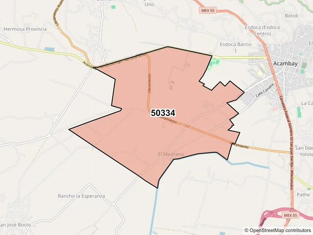 Mapa del código postal 50334, Acambay de Ruíz Castañeda, México