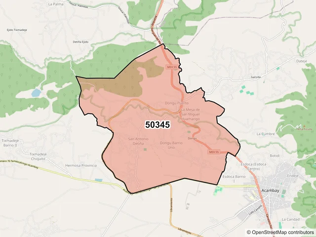 Mapa del código postal 50345, Acambay de Ruíz Castañeda, México