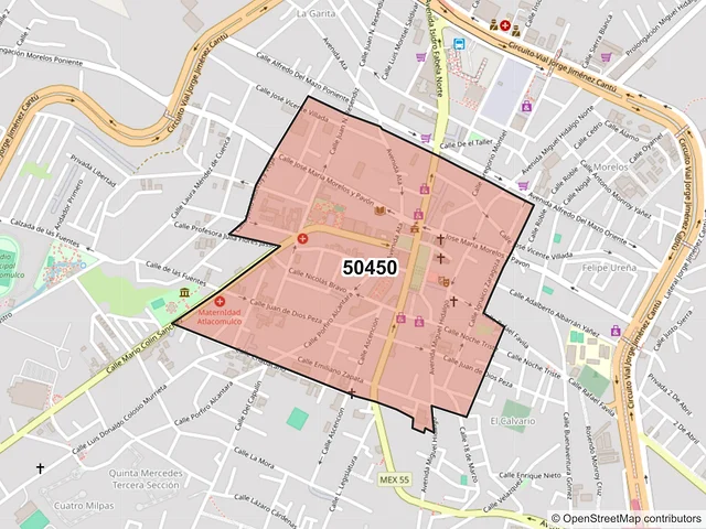 Mapa del código postal 50450, Atlacomulco, México