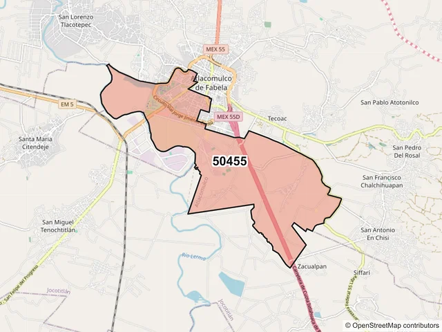 Mapa del código postal 50455, Atlacomulco, México