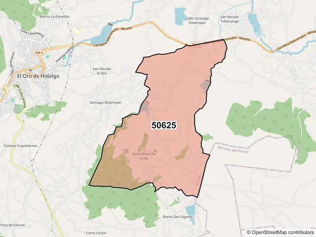 Mapa del código postal 50625, El Oro, México