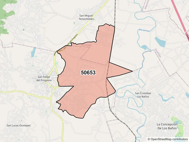 Mapa del código postal 50653, San Felipe del Progreso, México