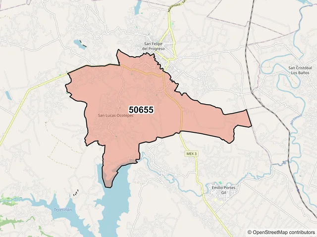 Mapa del código postal 50655, San Felipe del Progreso, México