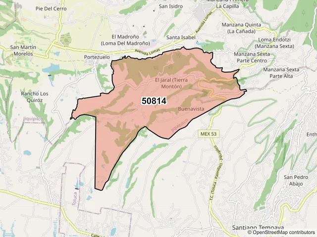 Mapa del código postal 50814, Jiquipilco, México