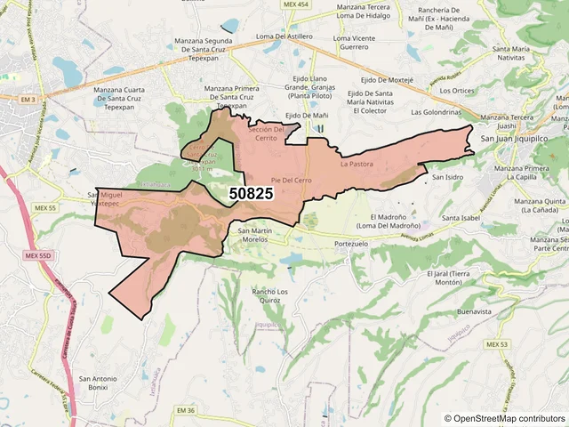 Mapa del código postal 50825, Jiquipilco, México