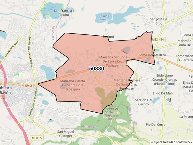 Mapa del código postal 50830, Jiquipilco, México