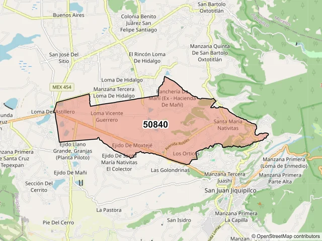Mapa del código postal 50840, Jiquipilco, México
