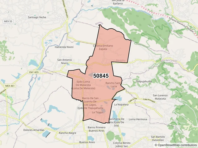 Mapa del código postal 50845, Jiquipilco, México