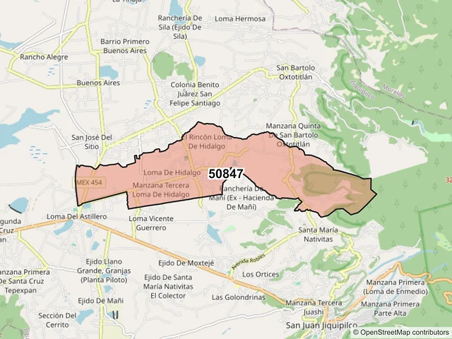 Mapa del código postal 50847, Jiquipilco, México