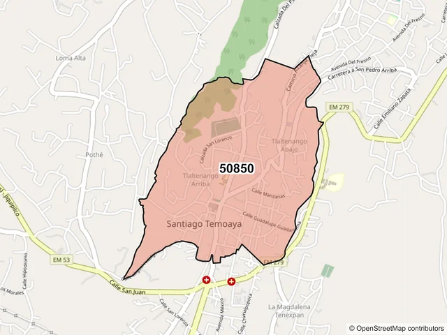 Mapa del código postal 50850, Temoaya, México