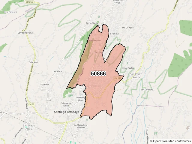 Mapa del código postal 50866, Temoaya, México