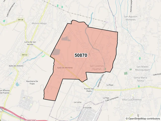 Mapa del código postal 50870, Temoaya, México