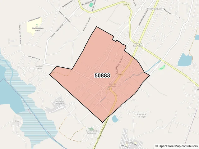 Mapa del código postal 50883, Temoaya, México