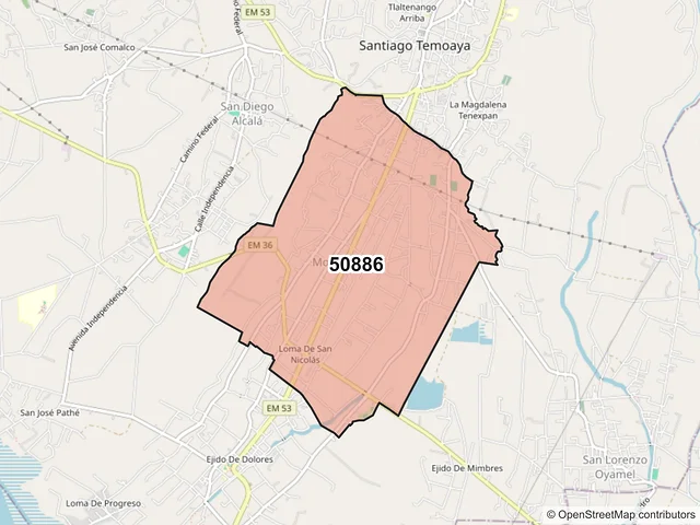 Mapa del código postal 50886, Temoaya, México