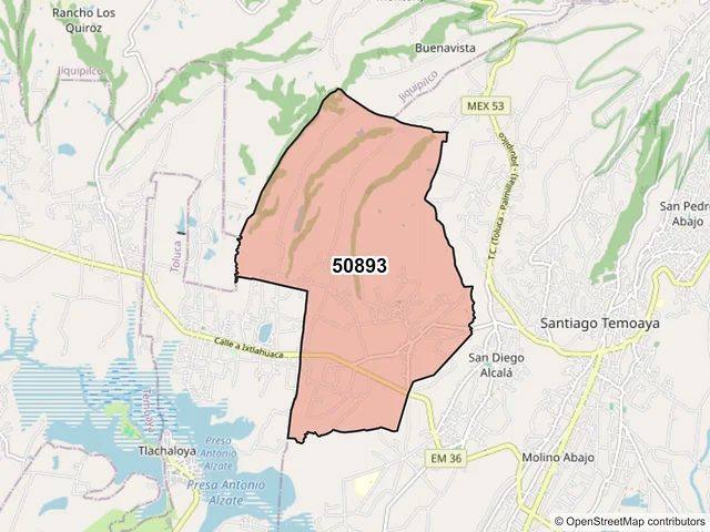 Mapa del código postal 50893, Temoaya, México