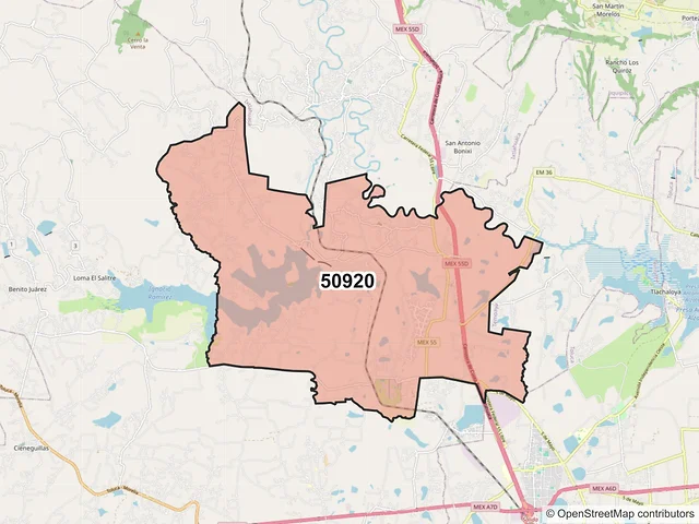 Mapa del código postal 50920, Almoloya de Juárez, México