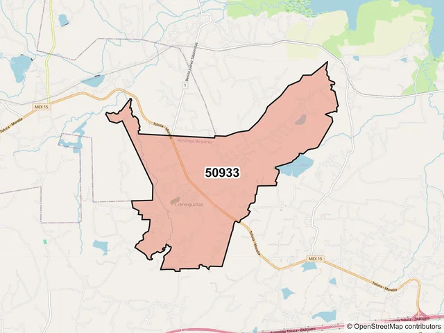 Mapa del código postal 50933, Almoloya de Juárez, México