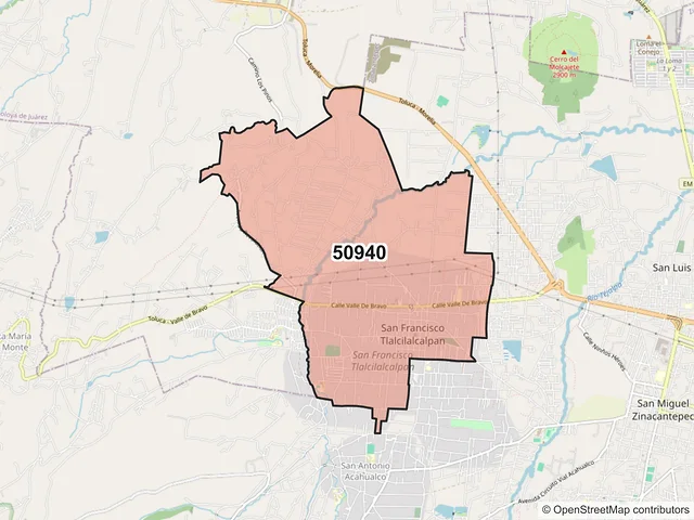 Mapa del código postal 50940, Almoloya de Juárez, México