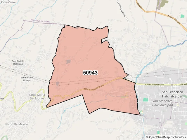 Mapa del código postal 50943, Almoloya de Juárez, México