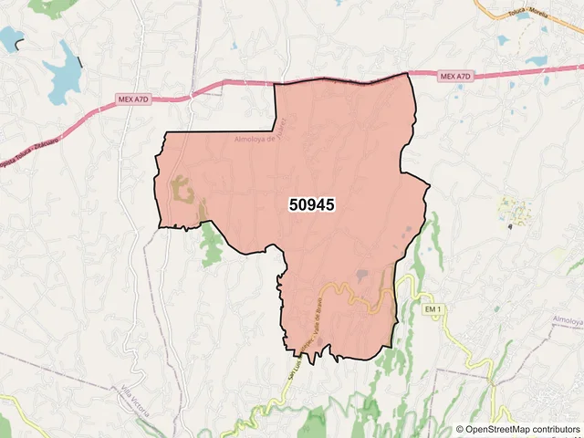 Mapa del código postal 50945, Almoloya de Juárez, México