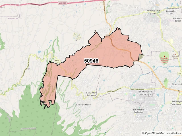 Mapa del código postal 50946, Almoloya de Juárez, México