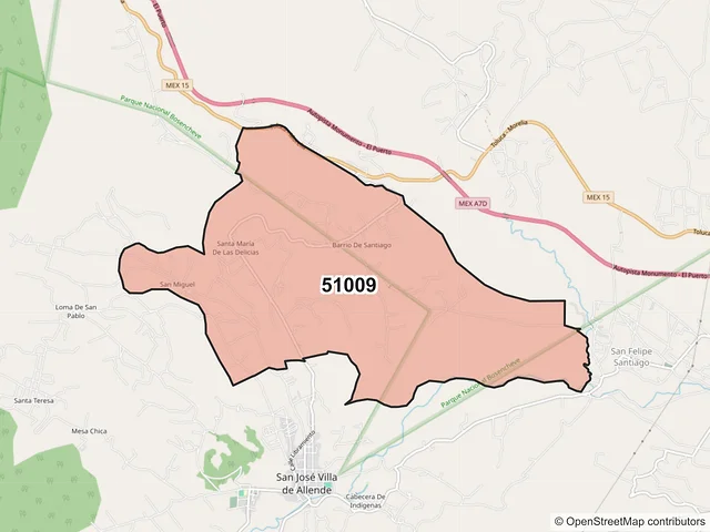 Mapa del código postal 51009, Villa de Allende, México
