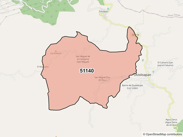 Mapa del código postal 51140, Otzoloapan, México