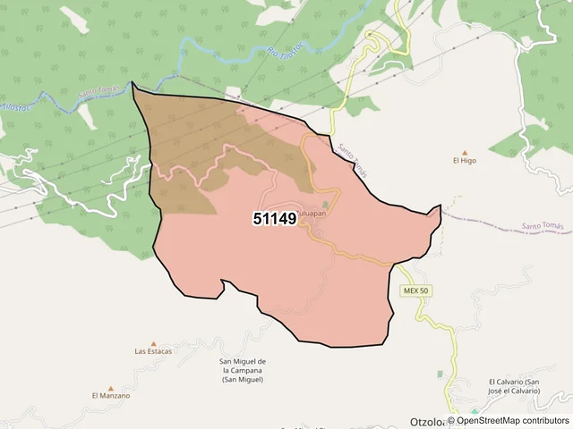 Mapa del código postal 51149, Otzoloapan, México